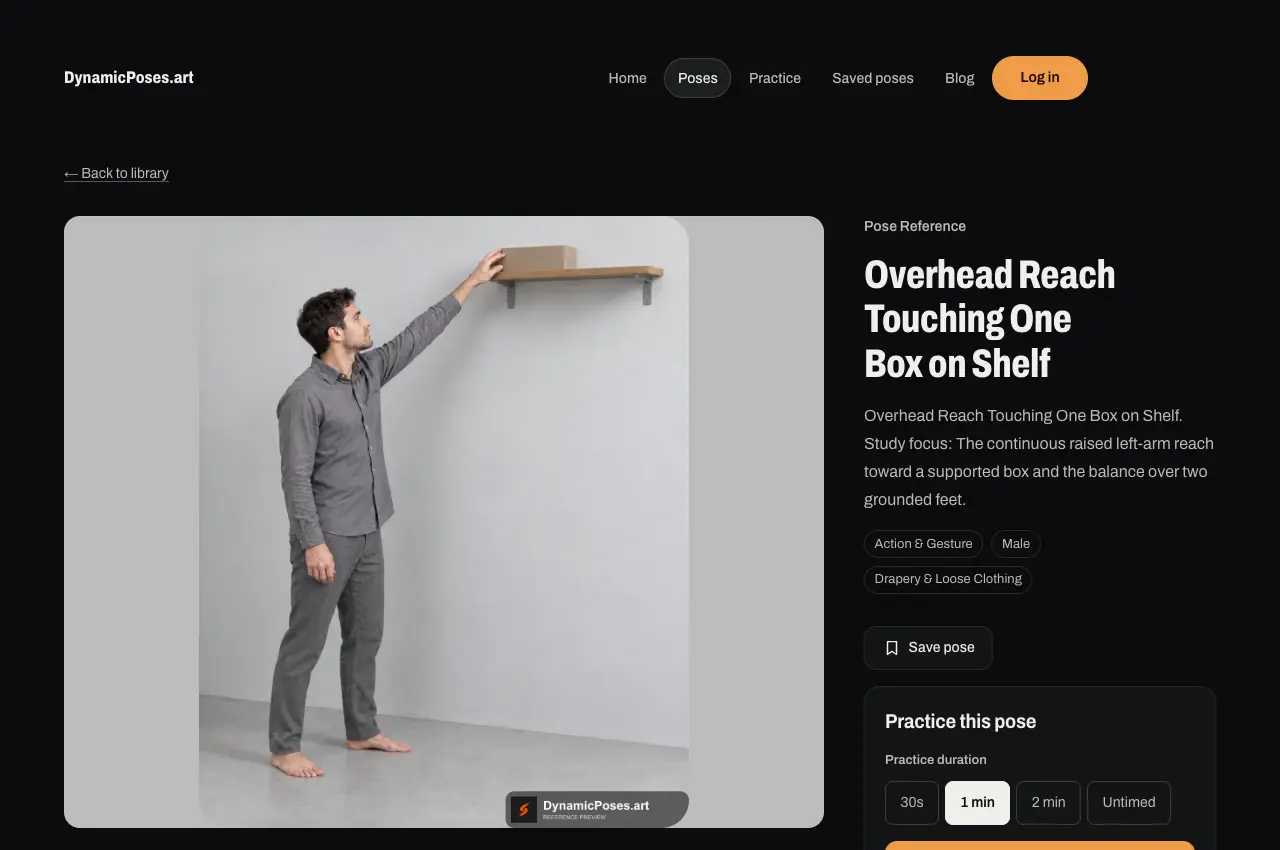 The real DynamicPoses reference page, showing a clothed figure reaching towards a shelf and drawing practice controls.