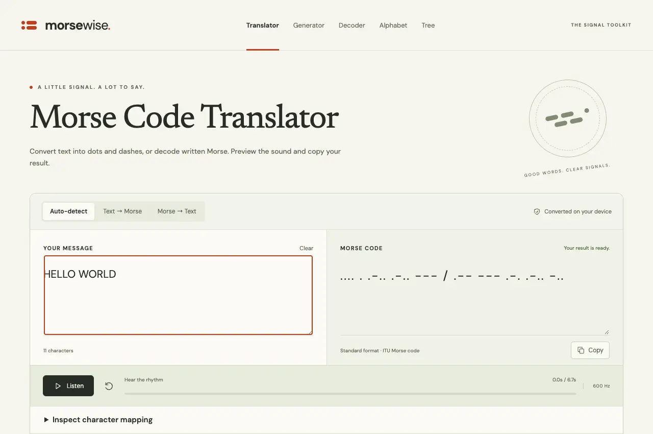 The real MorseWise translator interface, with a message converted into Morse code and sound preview controls.